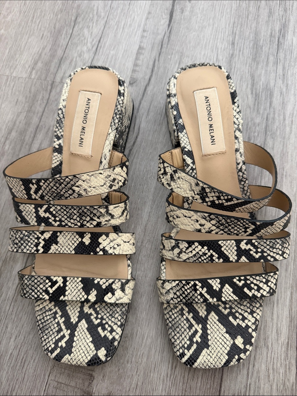 ANTONIO MELANI Black & Cream Snake-Print Multi-Strap Slide Mules